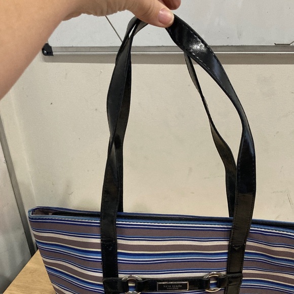 Vintage Y2K Kate Spade Blue and Brown Striped Handbag - Picture 3 of 9